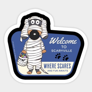 Cute Mummy Dachshund Dog in Doxieville for scare and fun Sticker